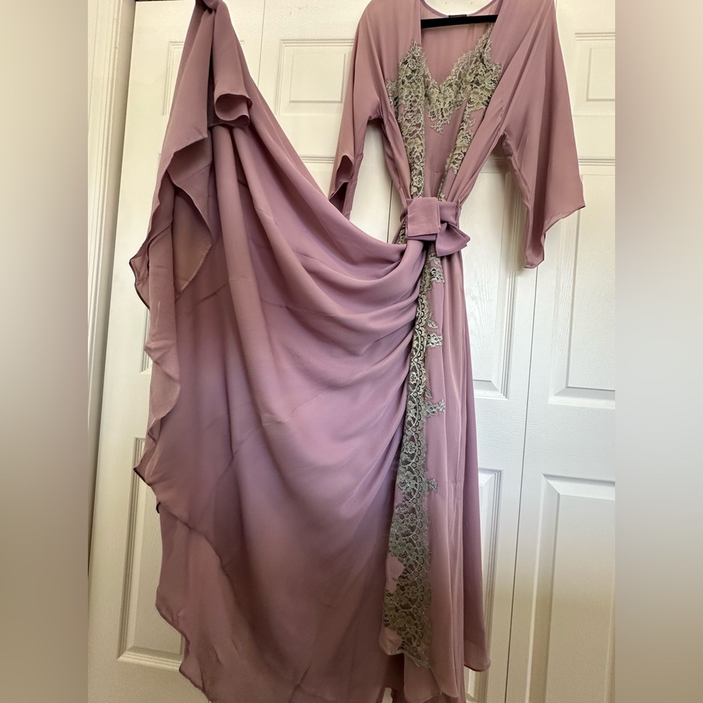 Rosamosario 100% Silk Purple Peignoir Dress & Robe Set Hand-Dyed Chantilly Lace